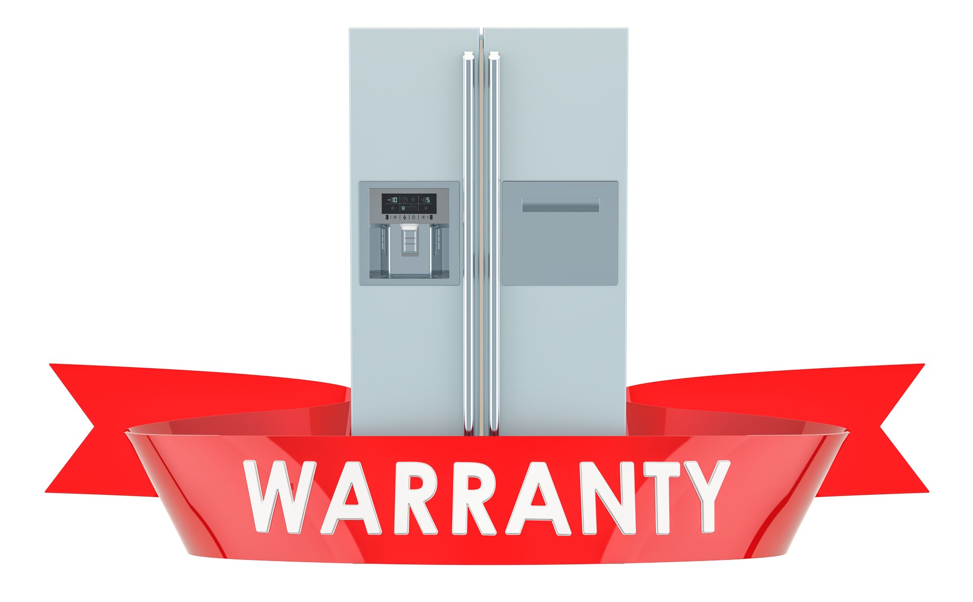 Fridge with side-by-side door system warranty concept. 3D rendering isolated on white background