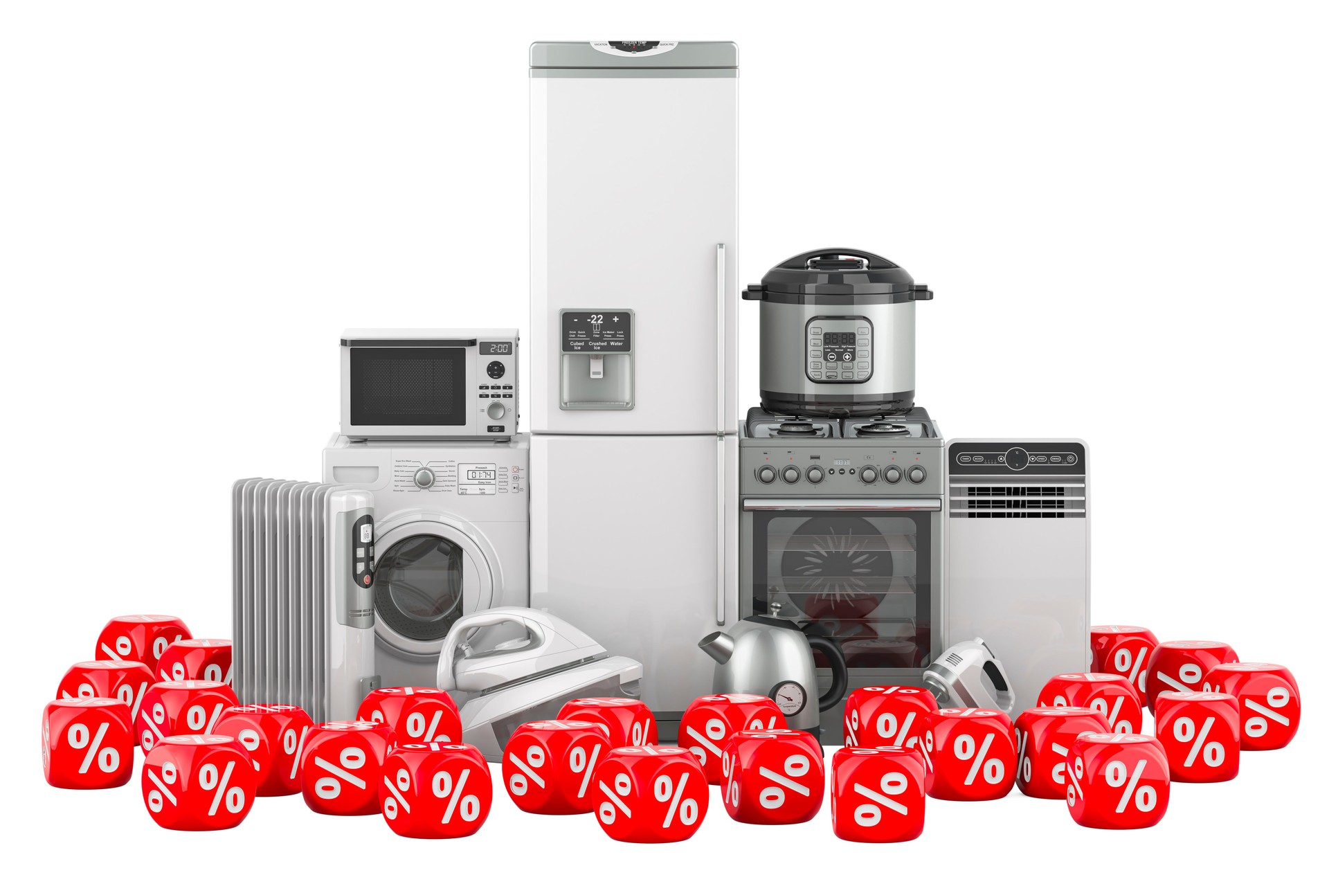 Kitchen and household appliances with discount cubes. Sale and discount concept, 3D rendering